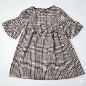 Zara Kids Tartan Plaid Dress Size 8 Ruffle Front Ring Zip Bell Sleeve